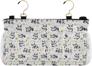 Seamless Pandas and Green Floral Flowers on White Iron Frame Bedside Hanging Bag Magazine Holders Bedside Bag With Hooks for Dorm Bed Bunk Bed 14.2 x 4.9 x 7.9 inch