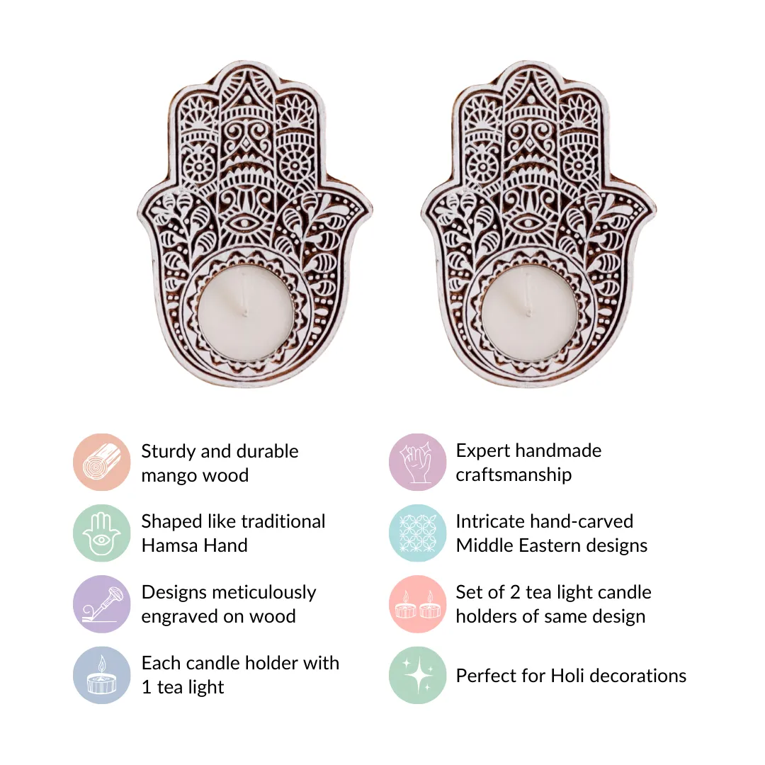 Set Of 2 Hamsa Hand Mango Wood Tea Light Holders