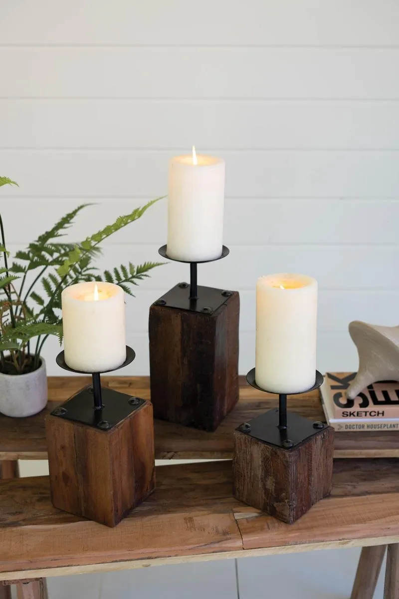 Set of 3 Recycled Wood Candle Holders