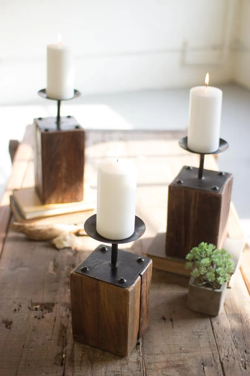 Set of 3 Recycled Wood Candle Holders