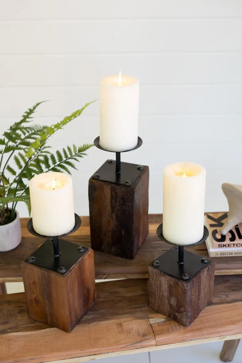 Set of 3 Recycled Wood Candle Holders