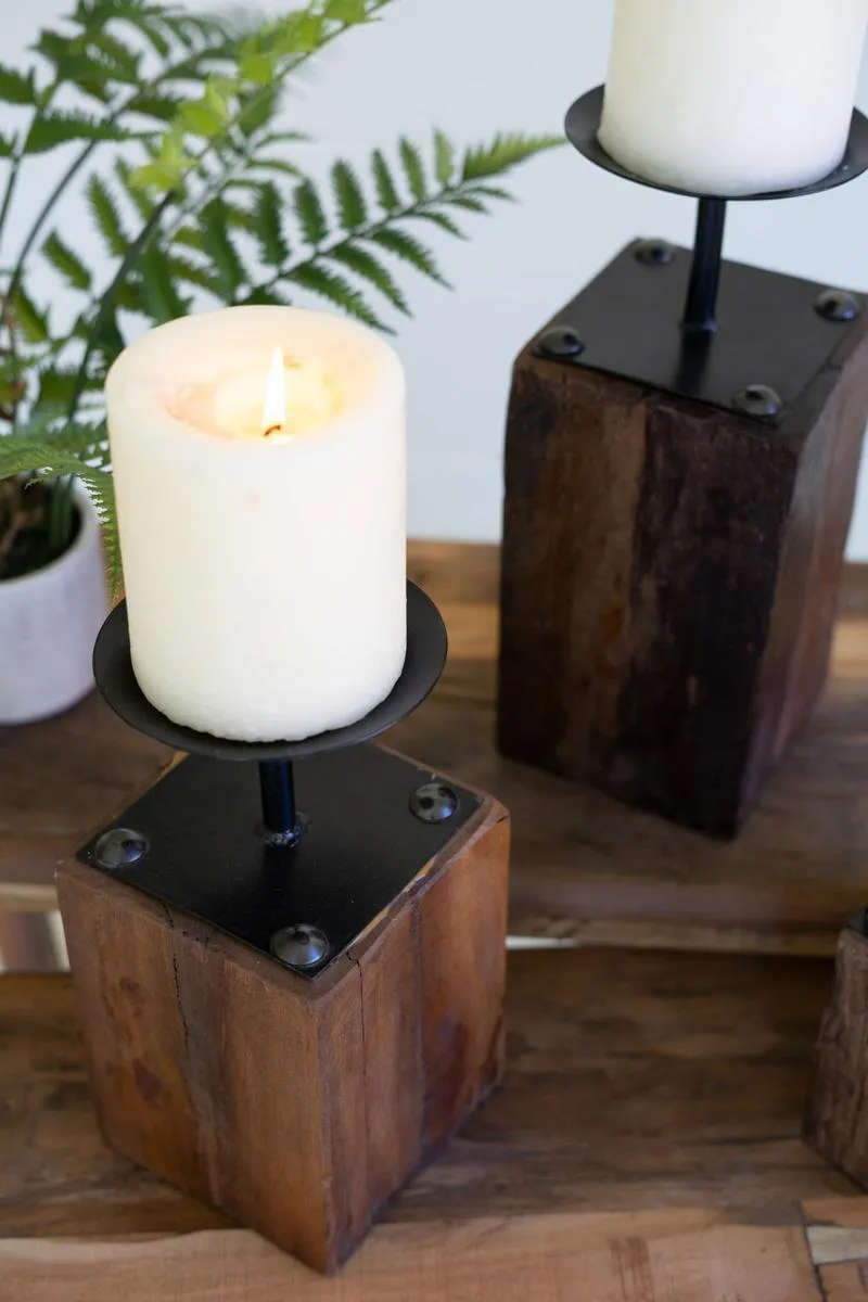 Set of 3 Recycled Wood Candle Holders