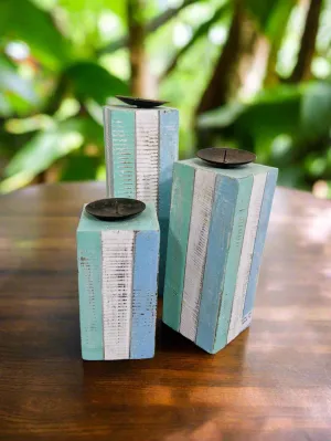Set Of 3 Square Blue & White Candle Holders