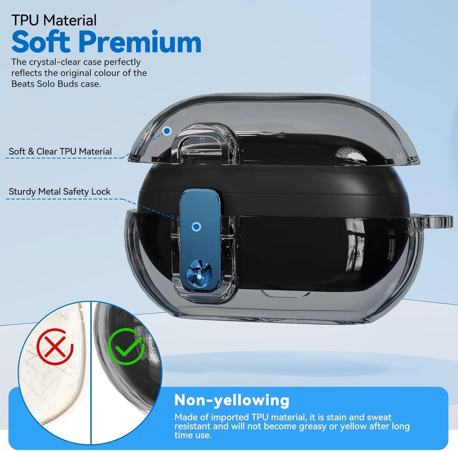 Seucre Lock Case for Beats Solo Buds 2024, with 3-in-1 Cleaner & Keychain, Ekoonpft Soft TPU Cases Cover Compatibility with Beats Solo Buds Wireless Bluetooth Earbuds, Full Protection (Clear Black)
