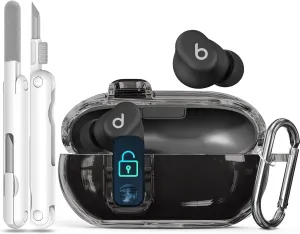 Seucre Lock Case for Beats Solo Buds 2024, with 3-in-1 Cleaner & Keychain, Ekoonpft Soft TPU Cases Cover Compatibility with Beats Solo Buds Wireless Bluetooth Earbuds, Full Protection (Clear Black)