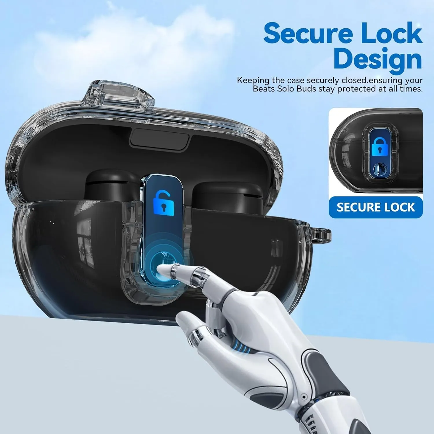 Seucre Lock Case for Beats Solo Buds 2024, with 3-in-1 Cleaner & Keychain, Ekoonpft Soft TPU Cases Cover Compatibility with Beats Solo Buds Wireless Bluetooth Earbuds, Full Protection (Clear Black)