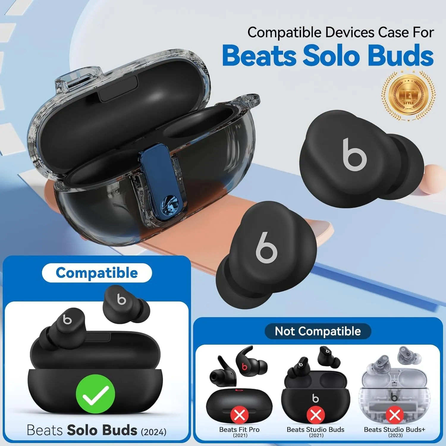 Seucre Lock Case for Beats Solo Buds 2024, with 3-in-1 Cleaner & Keychain, Ekoonpft Soft TPU Cases Cover Compatibility with Beats Solo Buds Wireless Bluetooth Earbuds, Full Protection (Clear Black)
