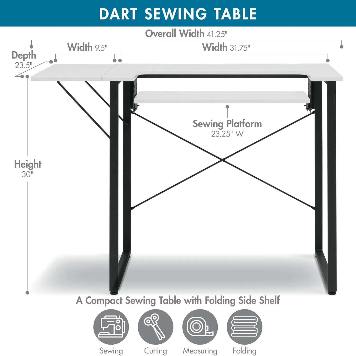 Sew Ready Dart Wood/Metal Multipurpose Machine Table Workstation Desk with Folding Top for Crafts, Sewing, Computers, Laptops, Games, Black Graphite/White 23D x 41W x 30H in