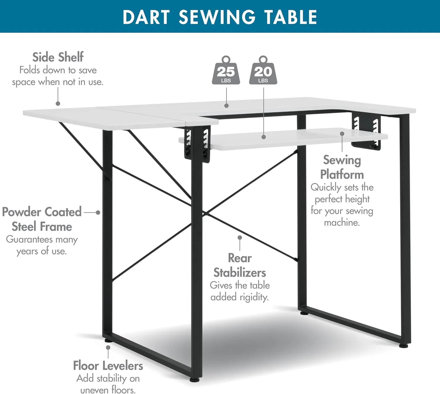 Sew Ready Dart Wood/Metal Multipurpose Machine Table Workstation Desk with Folding Top for Crafts, Sewing, Computers, Laptops, Games, Black Graphite/White 23D x 41W x 30H in
