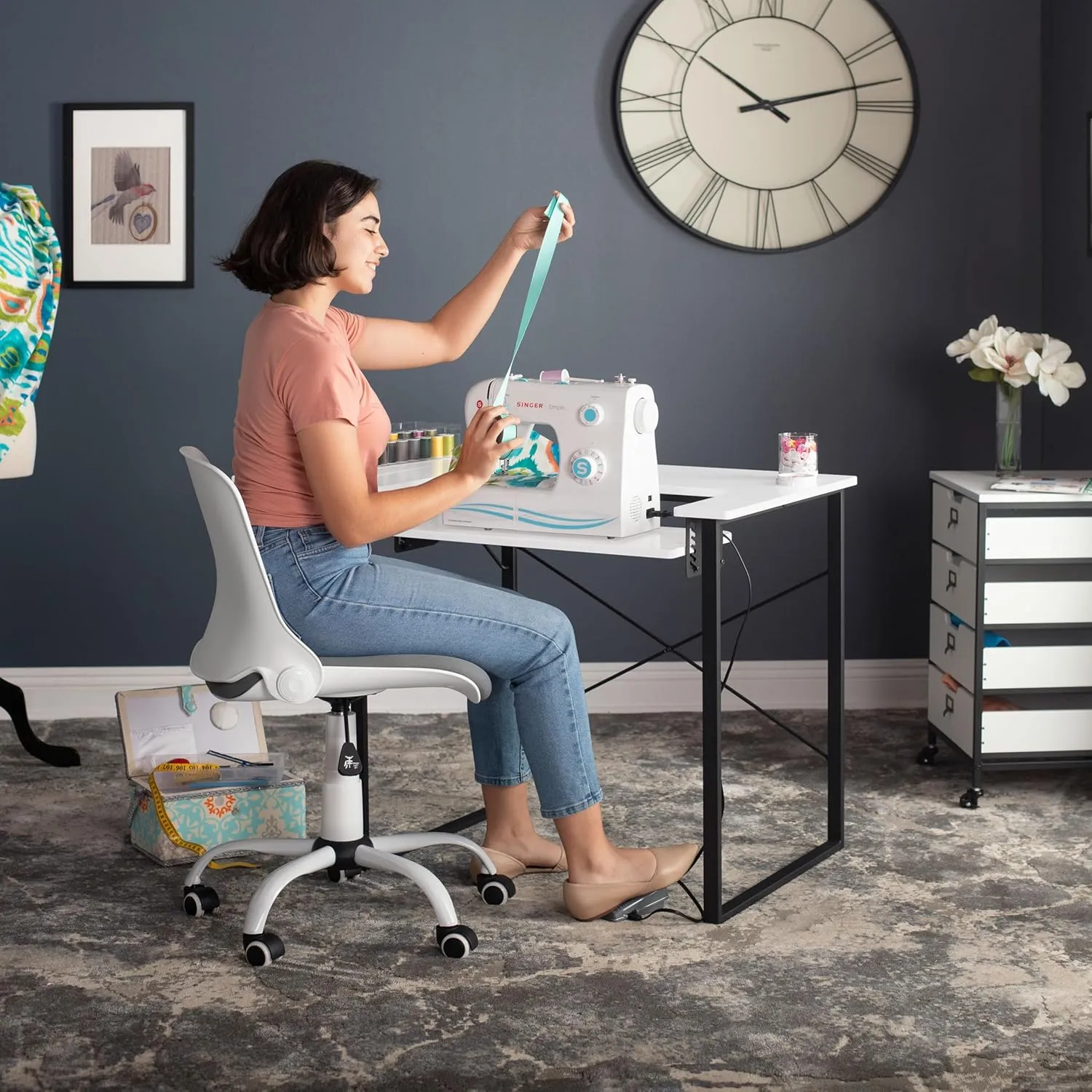 Sew Ready Dart Wood/Metal Multipurpose Machine Table Workstation Desk with Folding Top for Crafts, Sewing, Computers, Laptops, Games, Black Graphite/White 23D x 41W x 30H in