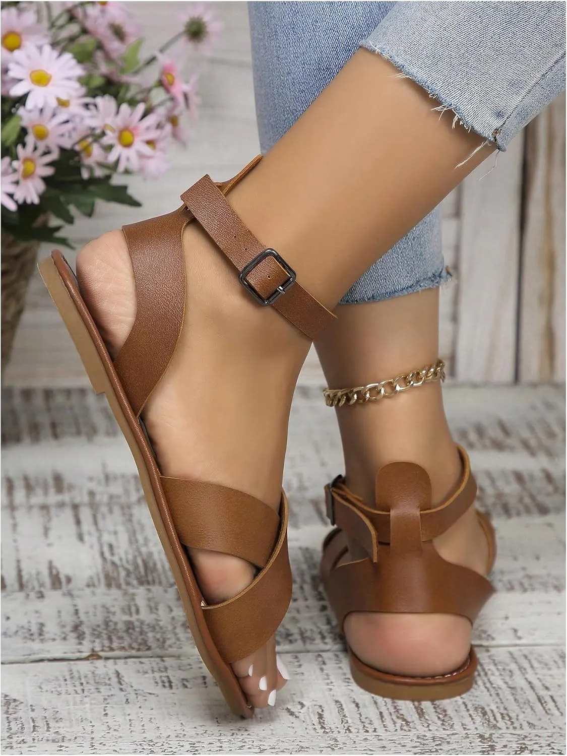SHENHE Women's PU Leather Criss Cross Flat Sandals Open Toe Ankle Buckle Summer Sandals