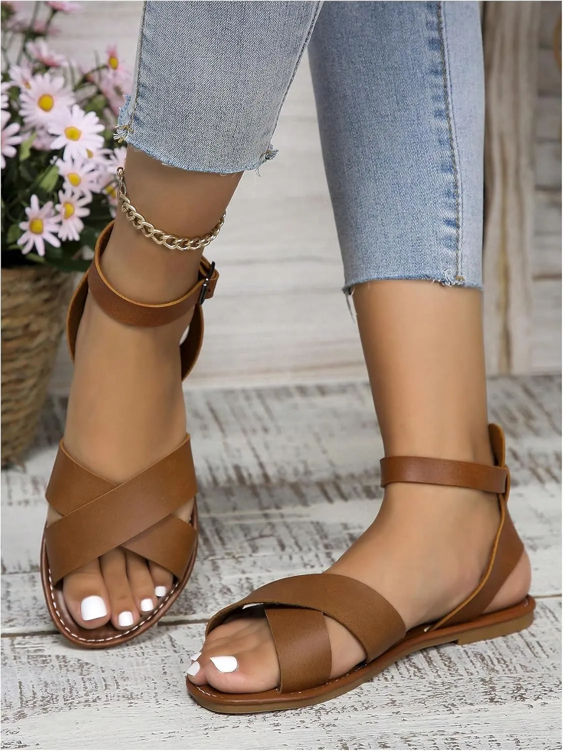 SHENHE Women's PU Leather Criss Cross Flat Sandals Open Toe Ankle Buckle Summer Sandals
