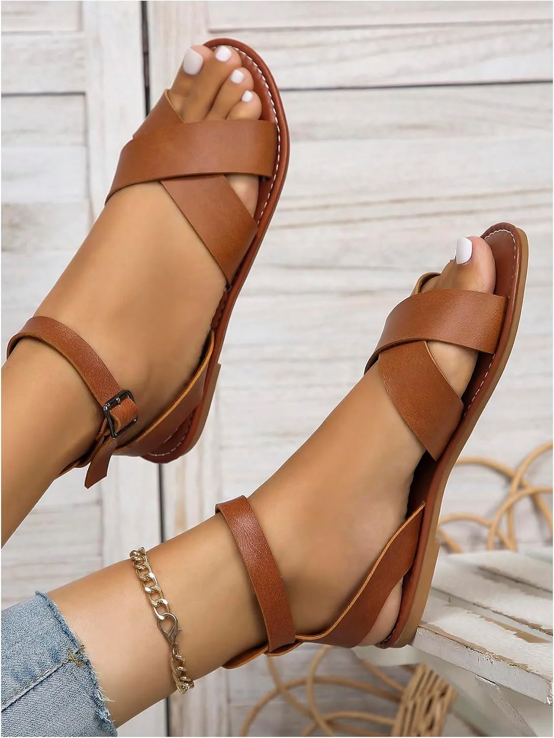 SHENHE Women's PU Leather Criss Cross Flat Sandals Open Toe Ankle Buckle Summer Sandals
