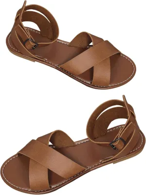 SHENHE Women's PU Leather Criss Cross Flat Sandals Open Toe Ankle Buckle Summer Sandals