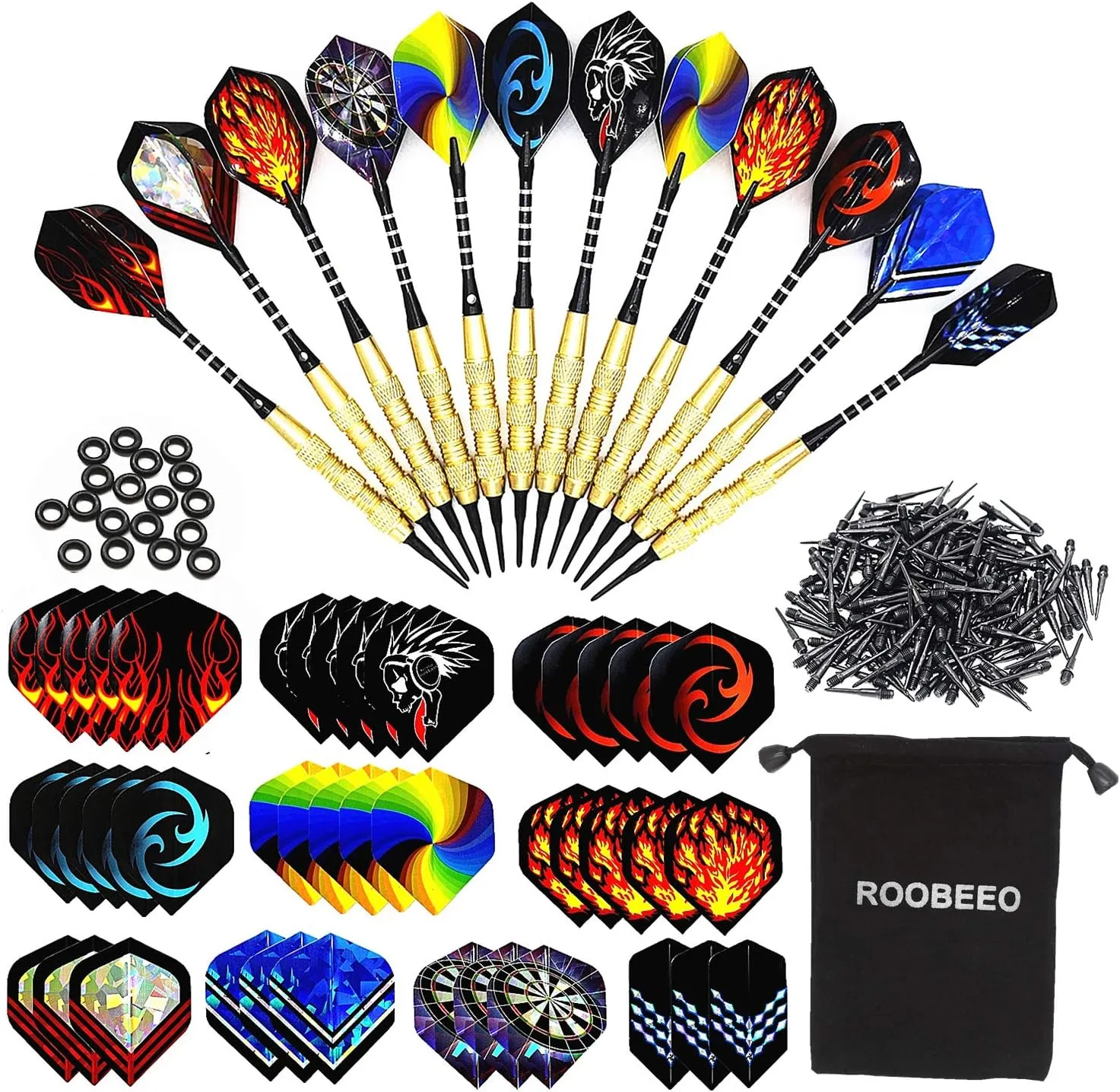 Soft Tip Darts 12 Pcs 18g Plastic Tip Darts Set with Brass Steel Barrels&Aluminum Shafts,200 Extra Dart Tips 42 Dart Flights 20 Extra Rubber Rings and 1 Storage Bag for Electronic Dart Board