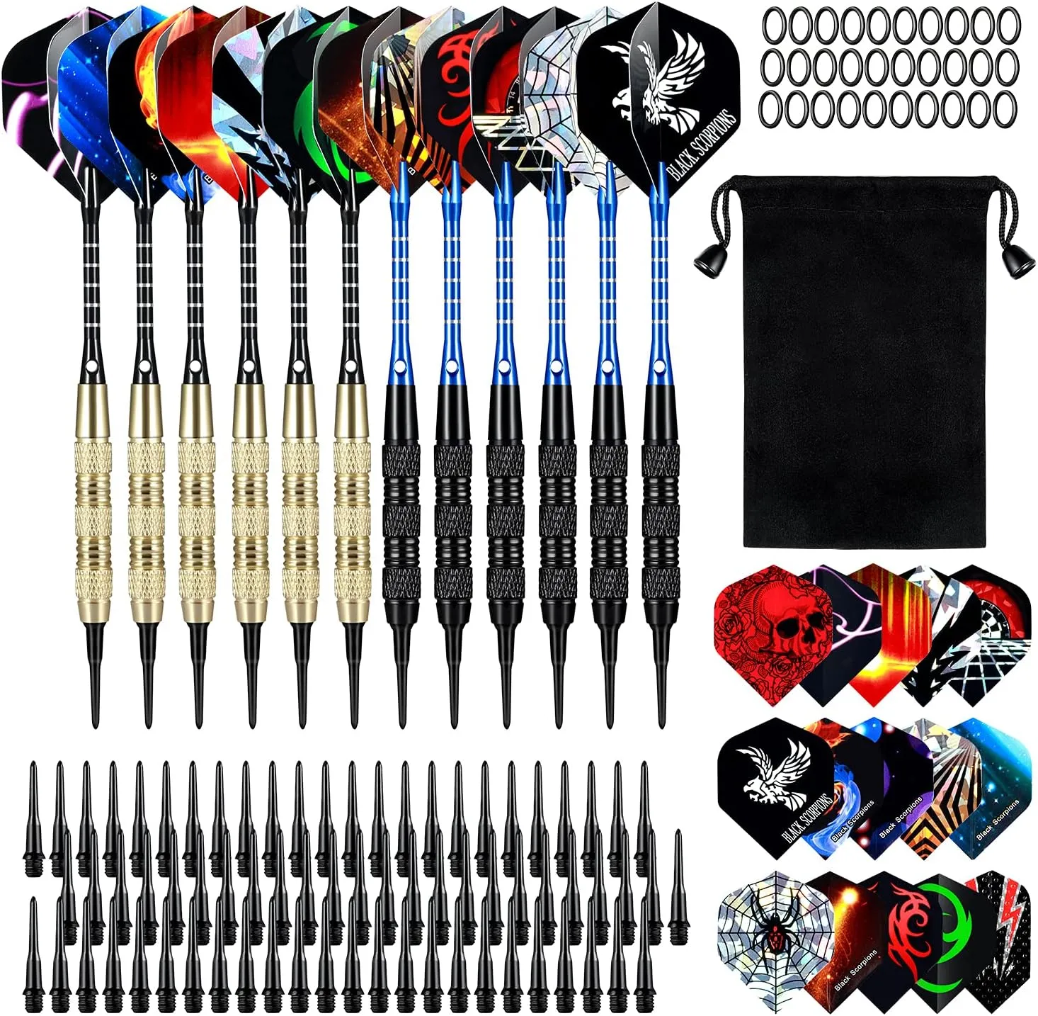 Soft Tip Darts, 12 Pcs Darts Plastic Tip 18 Gram Dart Set with 2 Colors Aluminum Shafts, 45 Dart Flights 200 Extra Dart Tips, Rubber Rings and 1 Storage Bag for Electronic Dart Board