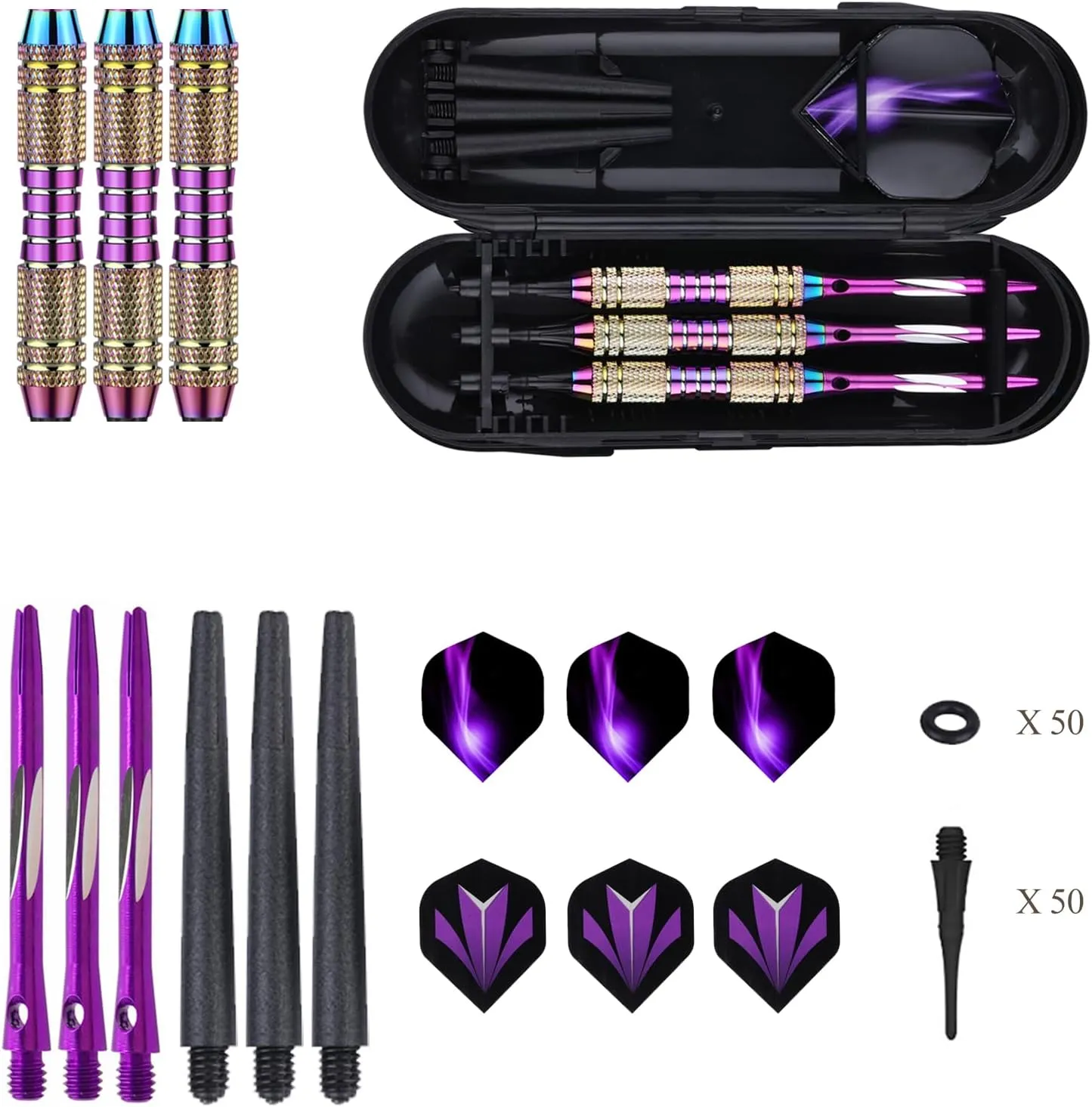 Soft tip Darts Set 18/20 Grams - Professional Darts Plastic Tip with Brass Barrel   Aluminum Shafts   50 Rubber o-Ring   6 Flights  50 Soft Tips for Electronic Dartboard