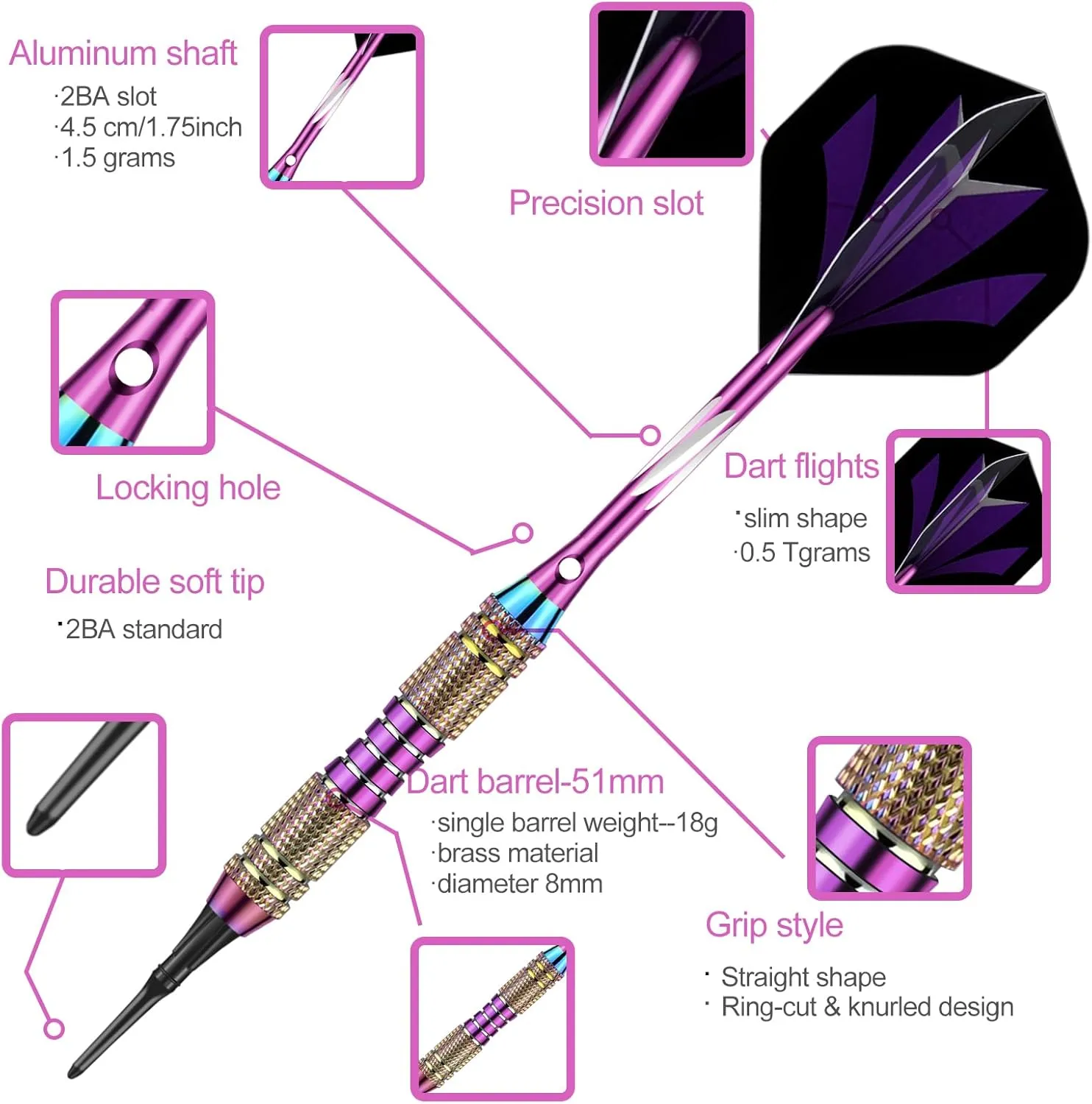 Soft tip Darts Set 18/20 Grams - Professional Darts Plastic Tip with Brass Barrel   Aluminum Shafts   50 Rubber o-Ring   6 Flights  50 Soft Tips for Electronic Dartboard