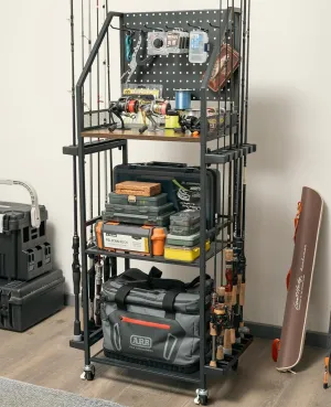 SOYEEZE Fishing Rod Holders for Garage, Fishing Pole holders, Fishing Gear Storage up to 12 Rods with Hooks and Wheels, Fishing Cart For Fishing Rod Tackle Box Reel Storage