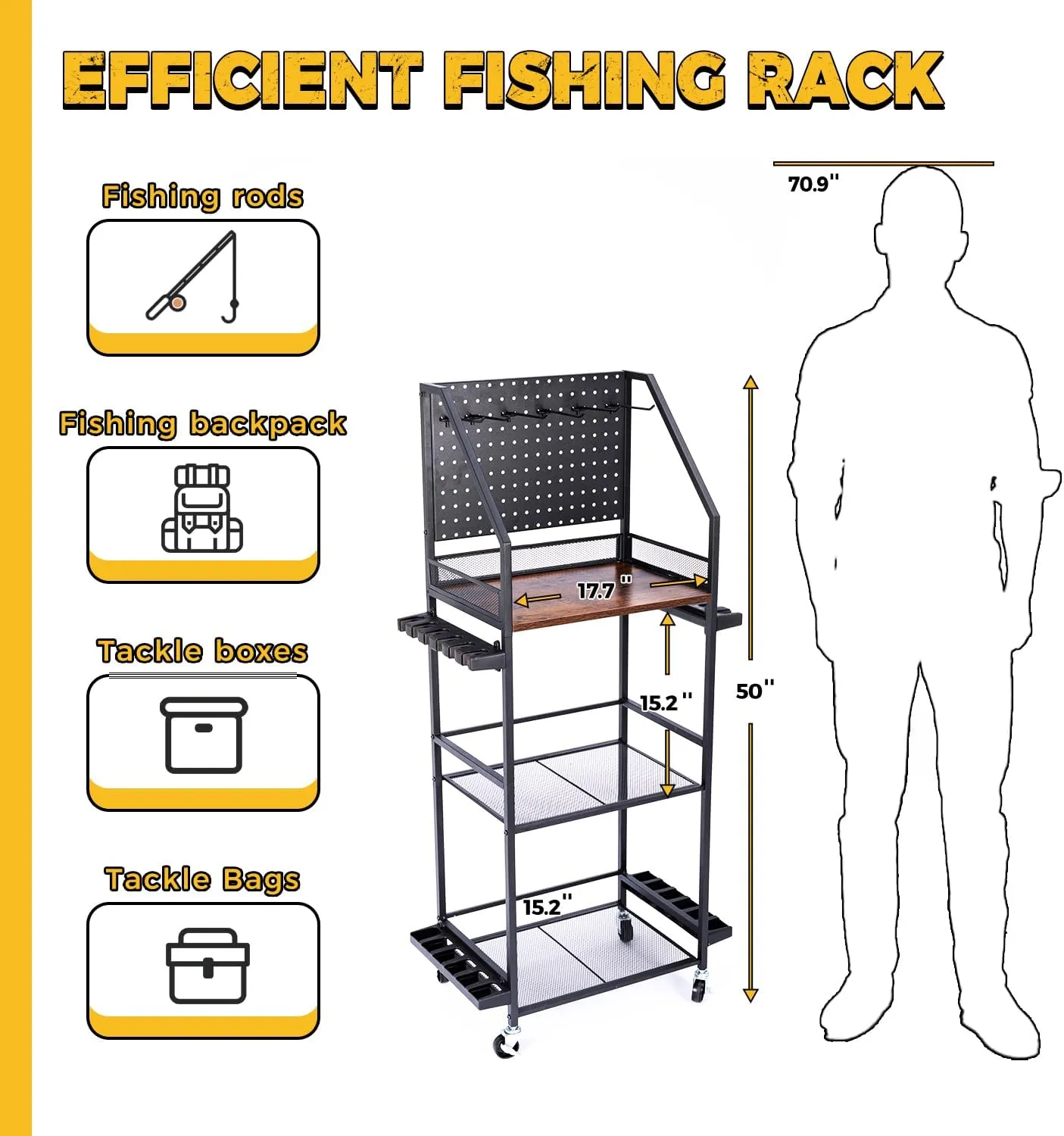 SOYEEZE Fishing Rod Holders for Garage, Fishing Pole holders, Fishing Gear Storage up to 12 Rods with Hooks and Wheels, Fishing Cart For Fishing Rod Tackle Box Reel Storage