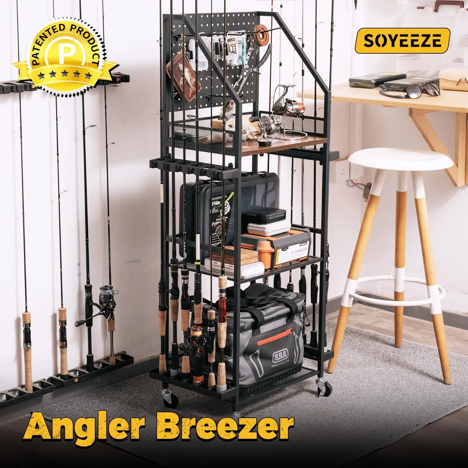 SOYEEZE Fishing Rod Holders for Garage, Fishing Pole holders, Fishing Gear Storage up to 12 Rods with Hooks and Wheels, Fishing Cart For Fishing Rod Tackle Box Reel Storage
