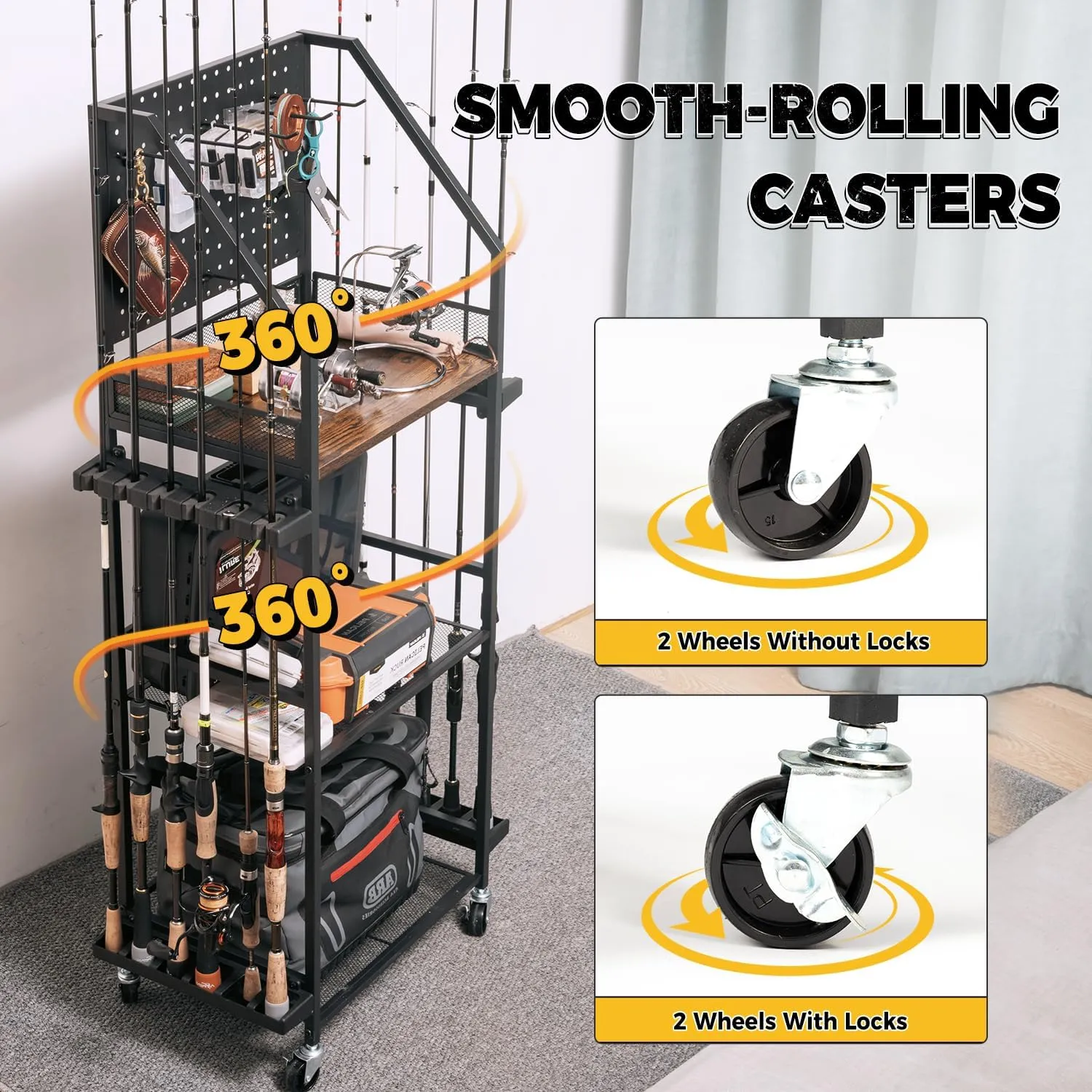 SOYEEZE Fishing Rod Holders for Garage, Fishing Pole holders, Fishing Gear Storage up to 12 Rods with Hooks and Wheels, Fishing Cart For Fishing Rod Tackle Box Reel Storage