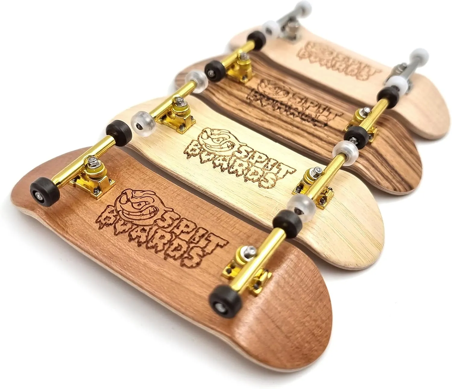 SPITBOARDS® 34 mm Fingerboard Complete Wood Pro Set-Up (Pre-Assembled, 5-Layers), Pro Trucks, CNC Bearing Wheels, Foam Grip Tape, (Deck: Bamboo Wood, Trucks: Gold, Wheels: Transparent)