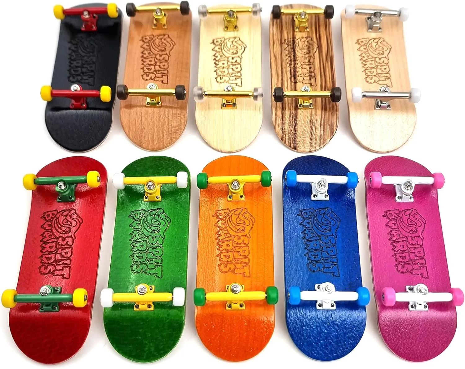 SPITBOARDS® 34 mm Fingerboard Complete Wood Pro Set-Up (Pre-Assembled, 5-Layers), Pro Trucks, CNC Bearing Wheels, Foam Grip Tape, (Deck: Bamboo Wood, Trucks: Gold, Wheels: Transparent)