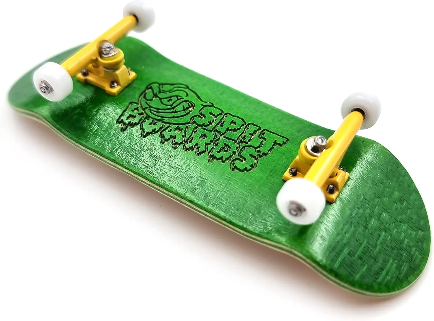 SPITBOARDS® 34 mm Fingerboard Complete Wood Pro Set-Up (Pre-Assembled, 5-Layers), Pro Trucks, CNC Bearing Wheels, Foam Grip Tape, (Deck: Green, Trucks: Yellow, Wheels: White)