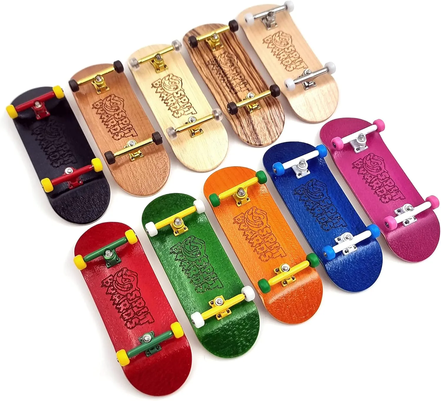 SPITBOARDS® 34 mm Fingerboard Complete Wood Pro Set-Up (Pre-Assembled, 5-Layers), Pro Trucks, CNC Bearing Wheels, Foam Grip Tape, (Deck: Green, Trucks: Yellow, Wheels: White)
