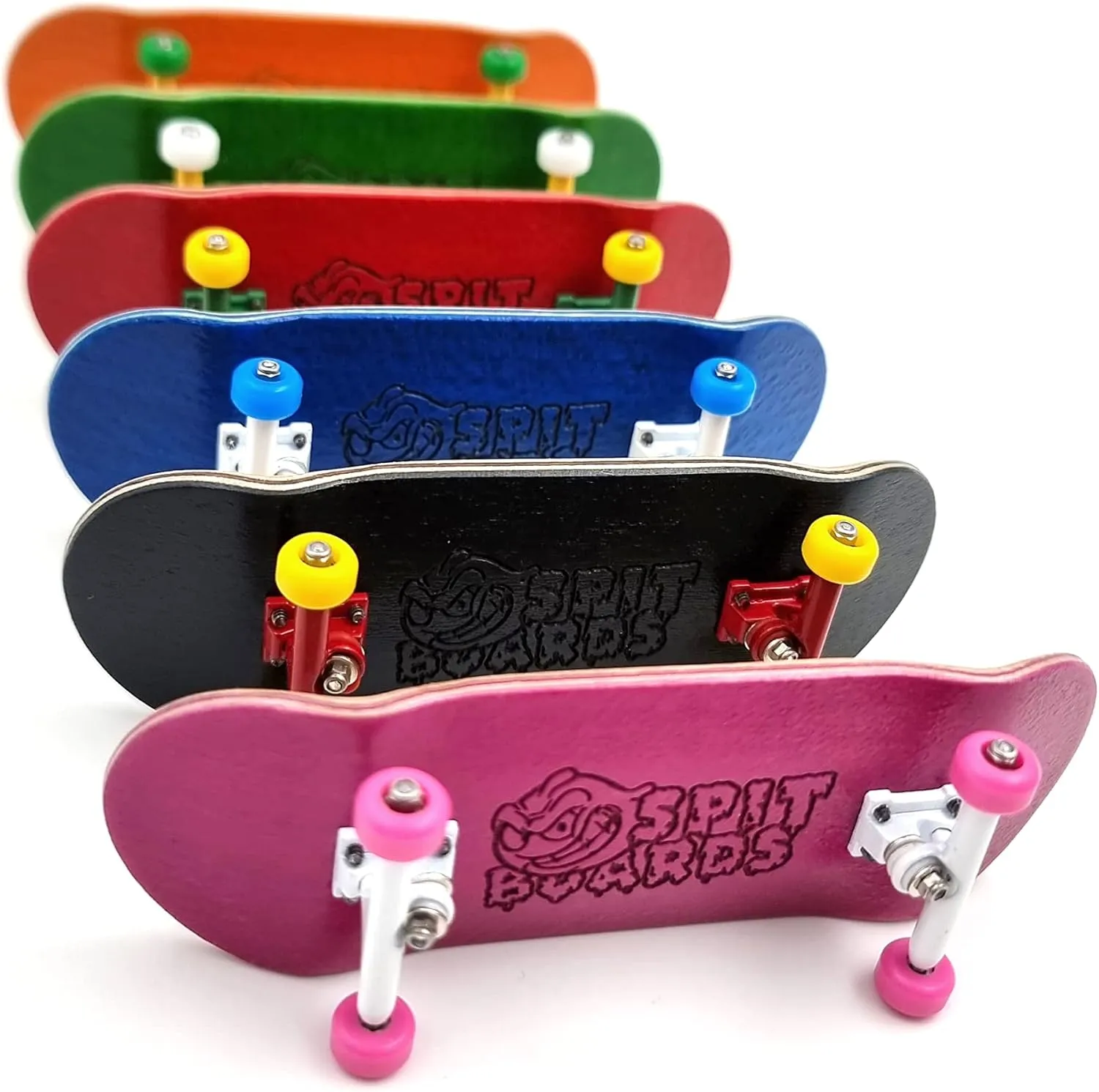SPITBOARDS® 34 mm Fingerboard Complete Wood Pro Set-Up (Pre-Assembled, 5-Layers), Pro Trucks, CNC Bearing Wheels, Foam Grip Tape, (Deck: Green, Trucks: Yellow, Wheels: White)