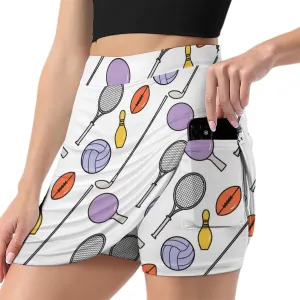 Sport with Bowling Ball and Bowling Pins Anti-Exposure Pocket A-line Culottes Waist Skirts for Women
