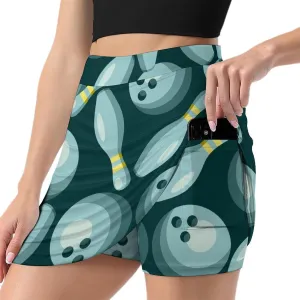 Sport with Bowling Ball and Bowling Pins Anti-Exposure Pocket A-line Culottes Waist Skirts for Women