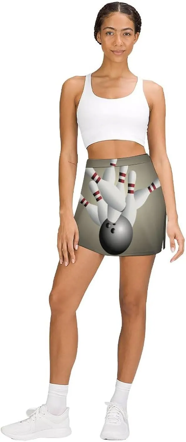 Sport with Bowling Ball and Bowling Pins Anti-Exposure Pocket A-line Culottes Waist Skirts for Women