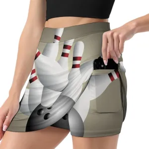 Sport with Bowling Ball and Bowling Pins Anti-Exposure Pocket A-line Culottes Waist Skirts for Women