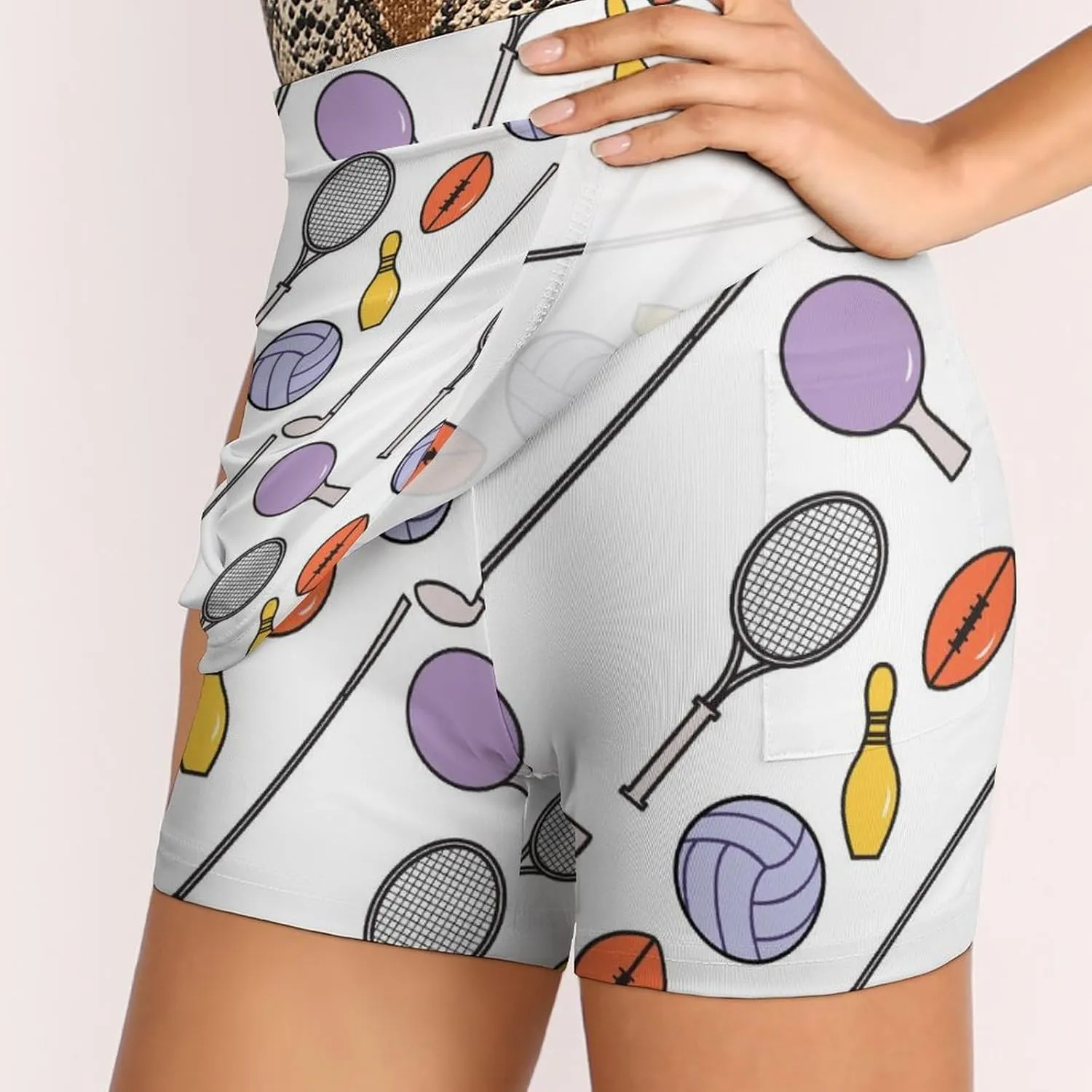 Sport with Bowling Ball and Bowling Pins Anti-Exposure Pocket A-line Culottes Waist Skirts for Women