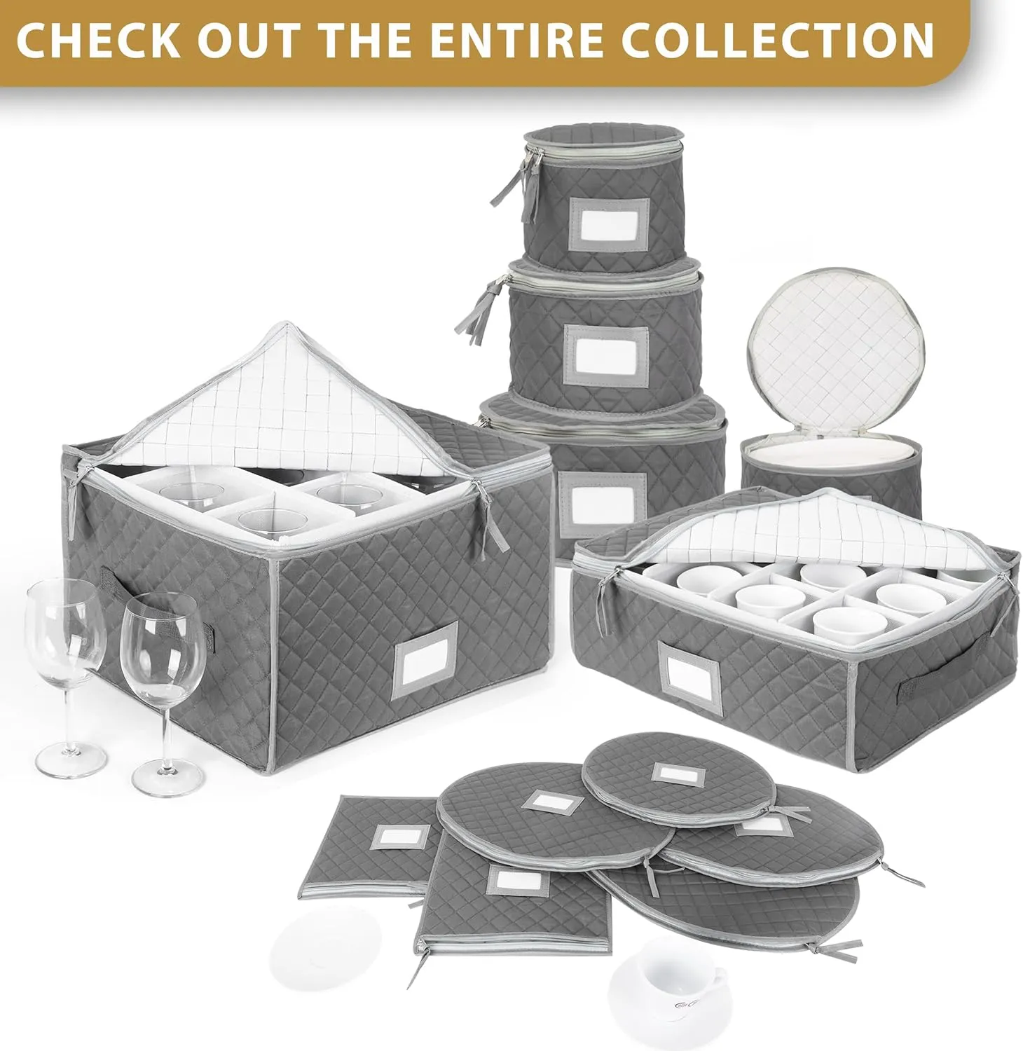 StackStorePlusMore Quilted Cases for Fine China Accessories Storage - Set of 6 - Gray