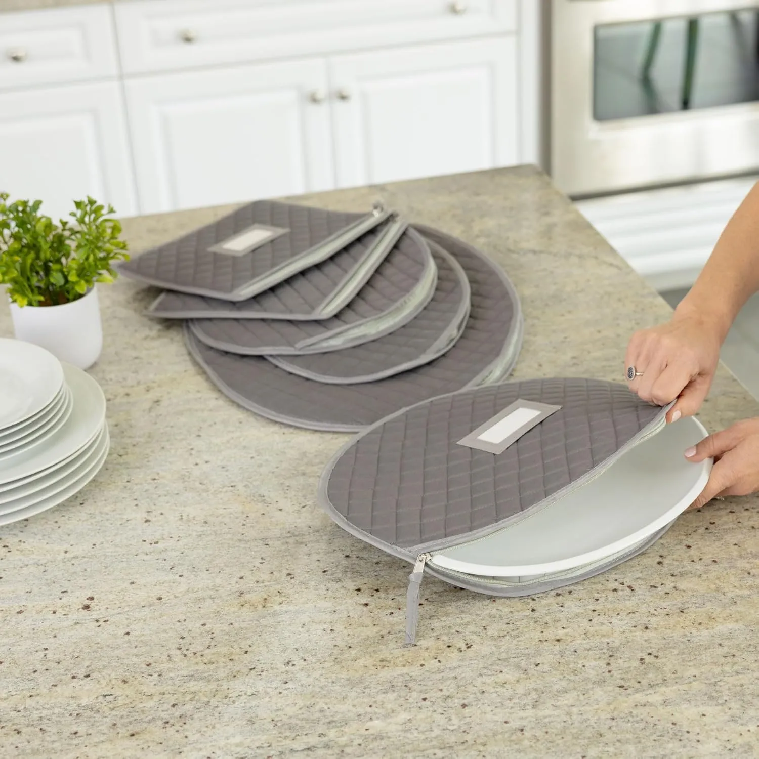 StackStorePlusMore Quilted Cases for Fine China Accessories Storage - Set of 6 - Gray