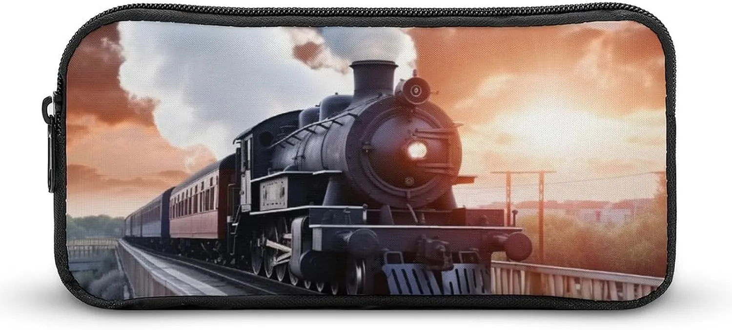 Steam Train Depart Sunset Pencil Case Light Weight Pencil Bag Pen Pouch Large Capacity Office Stationery Organizer