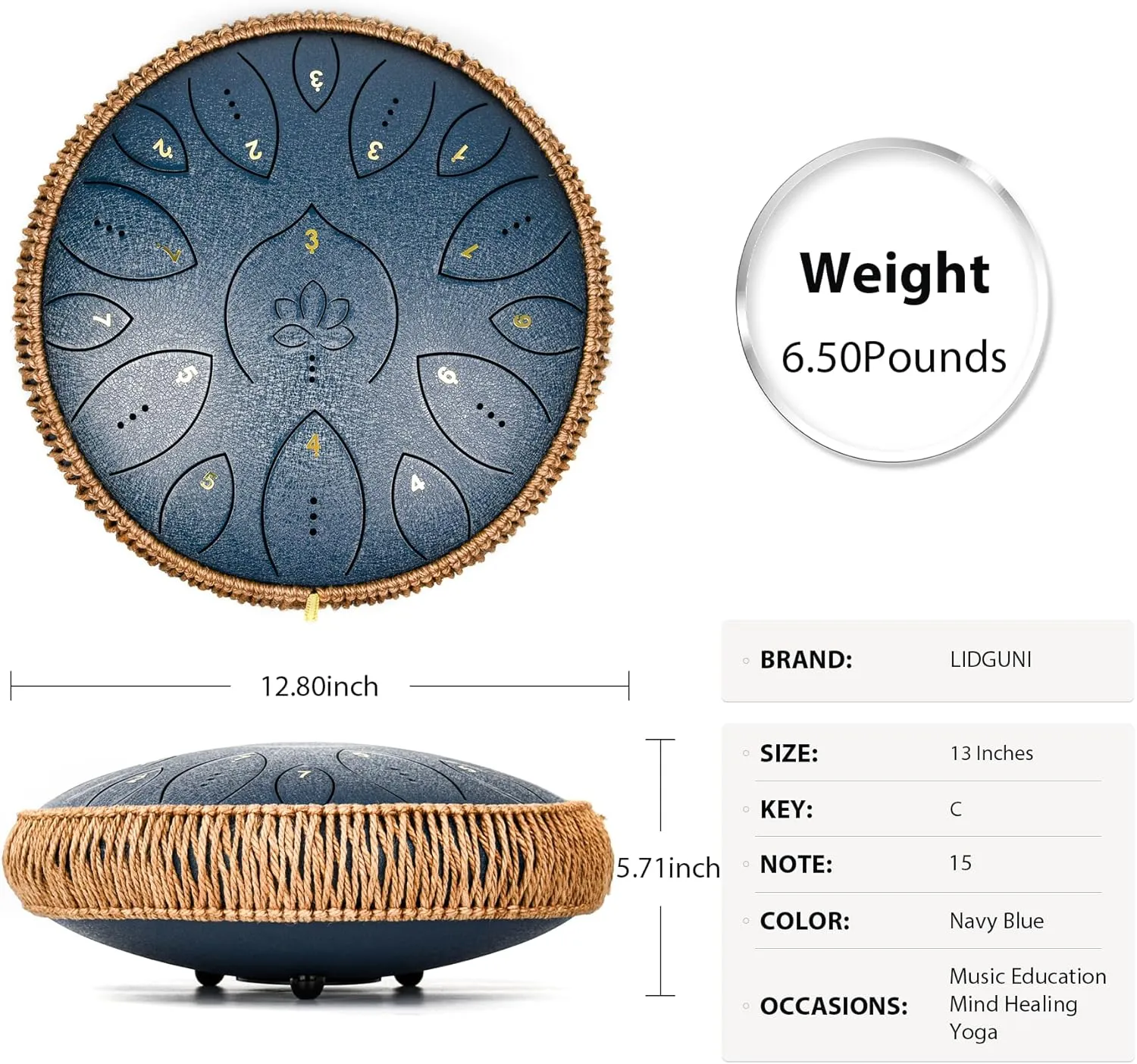 Steel Tongue Drum 13 Inches 15 Notes, Hand Pan Drums for Adults 432hz, C Major Handpan Musical Instrument with Song Book, Mallets and Carry Bag, Navy Blue