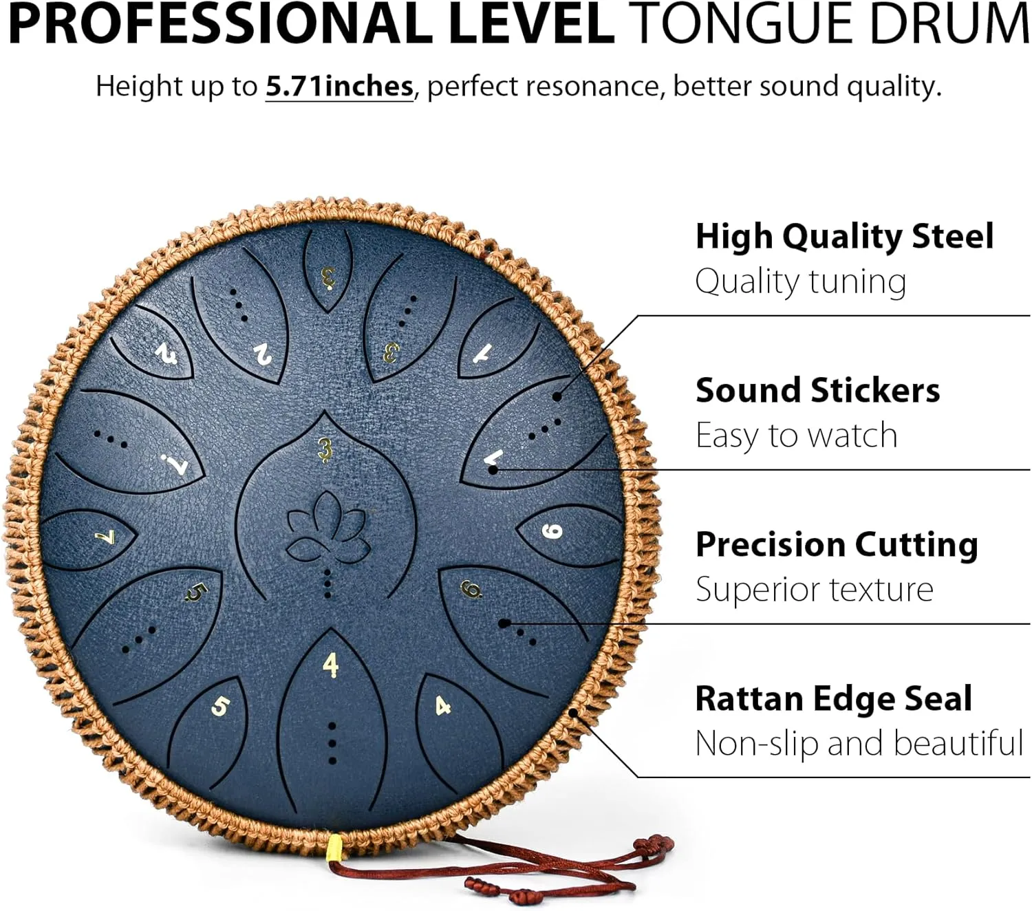 Steel Tongue Drum 13 Inches 15 Notes, Hand Pan Drums for Adults 432hz, C Major Handpan Musical Instrument with Song Book, Mallets and Carry Bag, Navy Blue