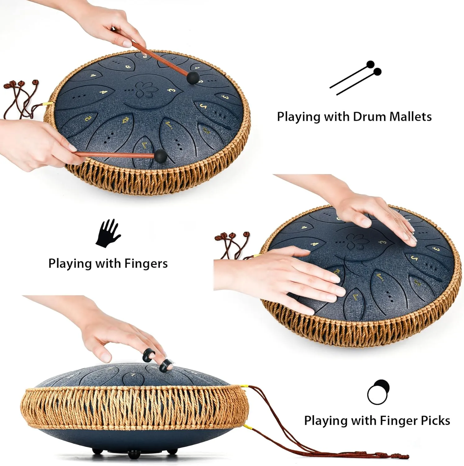 Steel Tongue Drum 13 Inches 15 Notes, Hand Pan Drums for Adults 432hz, C Major Handpan Musical Instrument with Song Book, Mallets and Carry Bag, Navy Blue