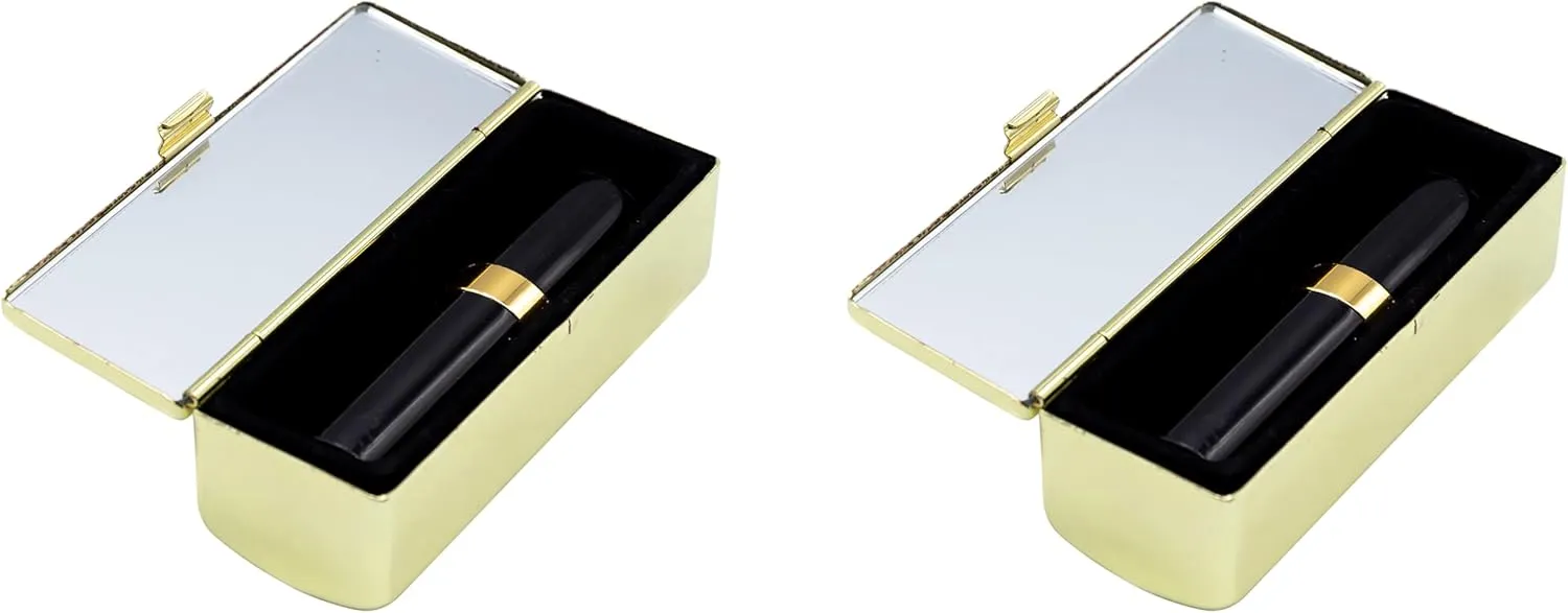 Stephanie Imports Set of 2 Rectangular Vintage Lipstick Cases With Glass Mirror (Gold Ripple)
