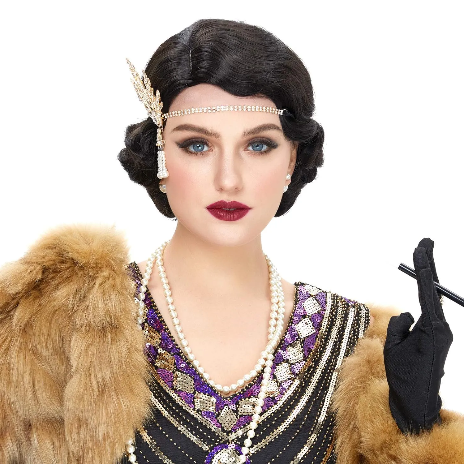 STfantasy 20S Finger Wave Wig Flapper Curly Synthetic Hair for Women 1920s Cosplay Costume Halloween Party Daily Everyday Wear (Black)