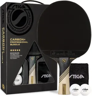 STIGA Carbon  Bundle Ping Pong Paddle Set – 7-ply Extra Light Carbon Fiber Blade – 2mm Premium Sponge – Concave Pro Handle – 2 3-Star Tournament Balls – Neoprene Racket Cover – Player Wristband