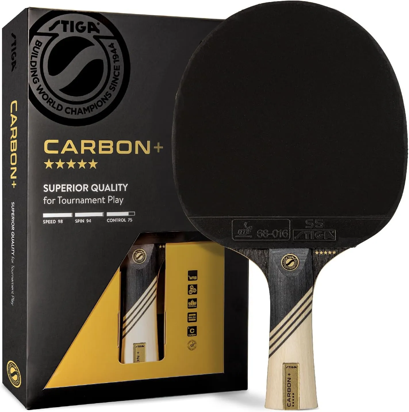 STIGA Carbon  Ping Pong Paddle – 7-ply Extra Light Carbon Fiber Blade – 2mm Premium Sponge – Concave Pro Handle for Exceptional Grip – Performance Table Tennis Racket for Tournament-Level Play Red