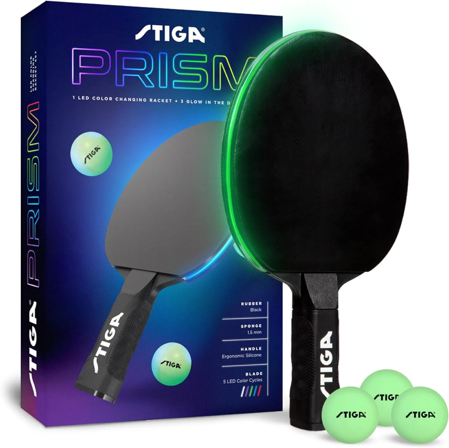 STIGA Prism LED Ping Pong Paddle - 5 LED Color Cycles - Color Gradient Mode - Includes 3 Glow-in-The-Dark Balls - 1.5mm Sponge with Smooth Rubber - Silicone Grip for Max Control