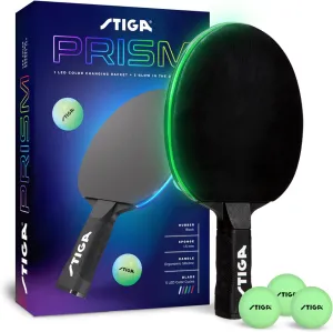 STIGA Prism LED Ping Pong Paddle - 5 LED Color Cycles - Color Gradient Mode - Includes 3 Glow-in-The-Dark Balls - 1.5mm Sponge with Smooth Rubber - Silicone Grip for Max Control