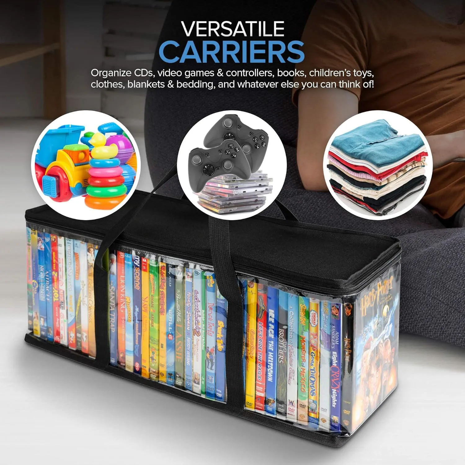 Stock Your Home DVD Storage Bags (Set of 2) Media Organizer Bag for DVDs, CDs, Blu Ray Disc, Movie Cases, VHS Box, Video Game Disks, Clear Plastic Holders with Carrying Handles and Zipper - Black
