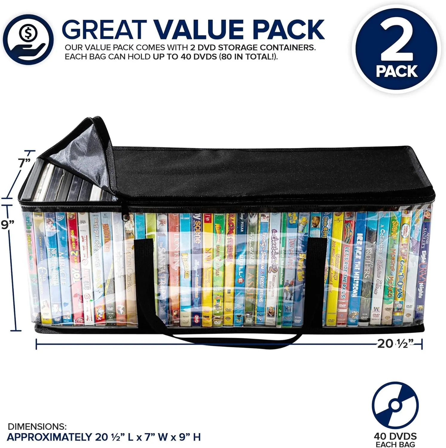 Stock Your Home DVD Storage Bags (Set of 2) Media Organizer Bag for DVDs, CDs, Blu Ray Disc, Movie Cases, VHS Box, Video Game Disks, Clear Plastic Holders with Carrying Handles and Zipper - Black